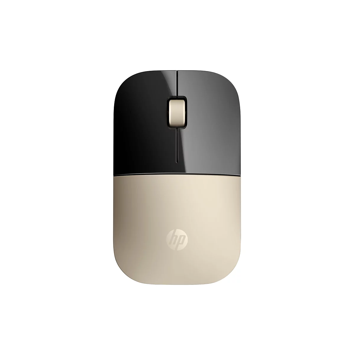 Eine kabellose HP-Maus in Gold und Schwarz auf weißem Hintergrund.