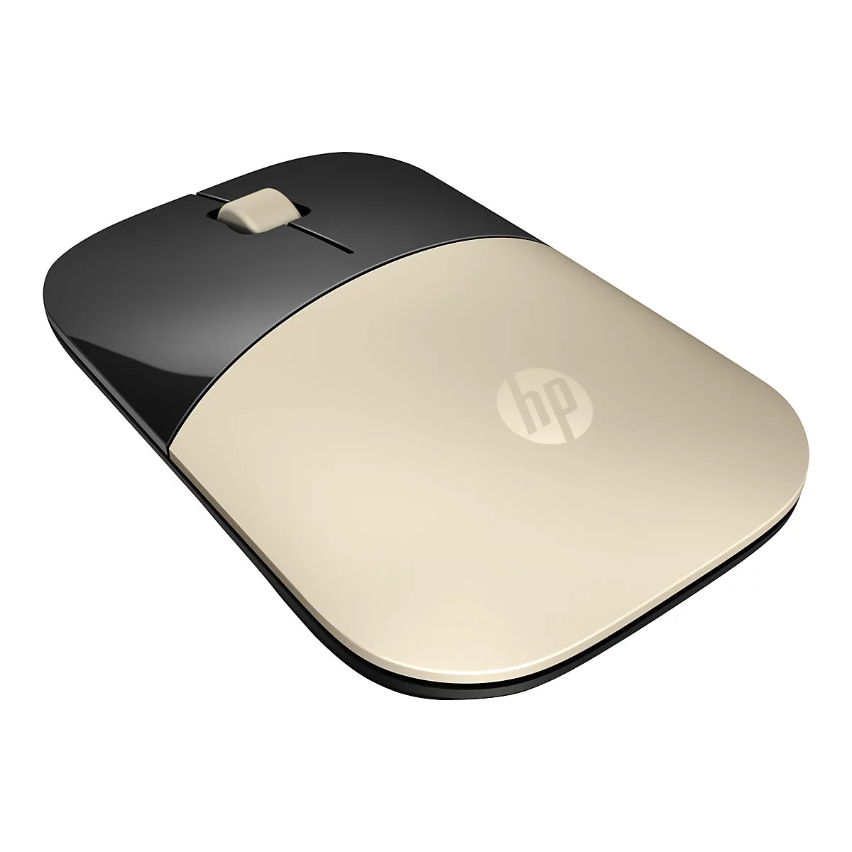 Flache, kabellose HP-Maus in Gold und Schwarz mit HP-Logo auf weißem Hintergrund.