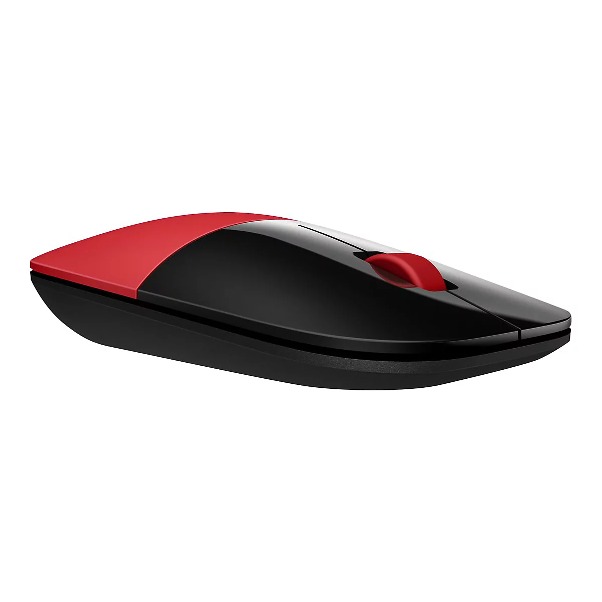 Drahtlose Maus, schwarz mit roter Oberseite und Scrollrad. Auf weißem Hintergrund.