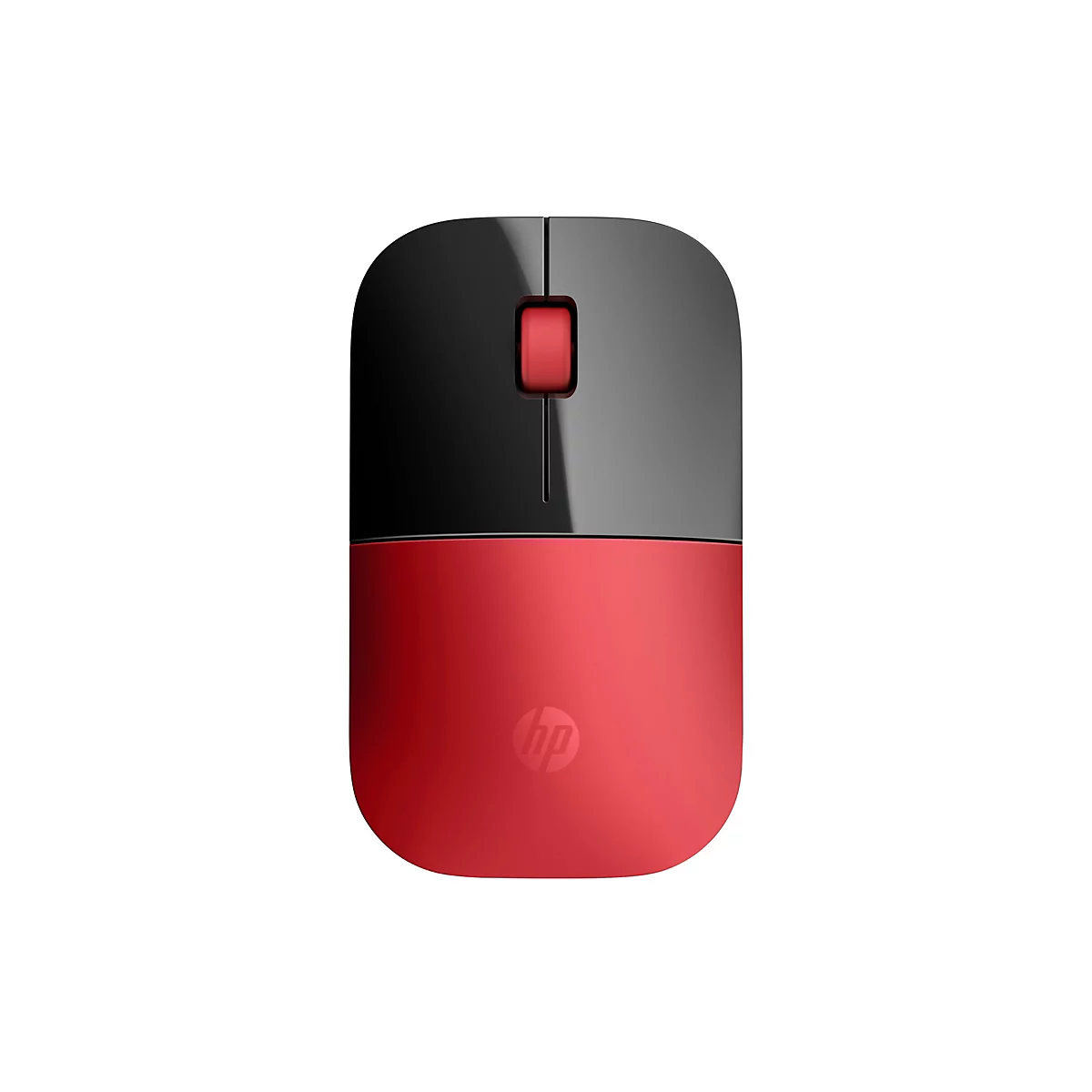 Drahtlose Computermaus. Oberteil grau, Unterteil rot. Mittig roter Knopf. HP Logo unten.