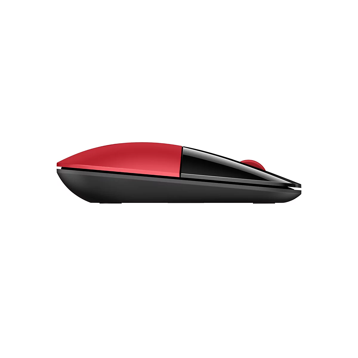 Seitenansicht einer Computermaus in Schwarz und Rot. Die Maus hat ein rotes Oberteil und eine schwarze Unterseite. Auf der Seite ist ein roter Knopf zu sehen.