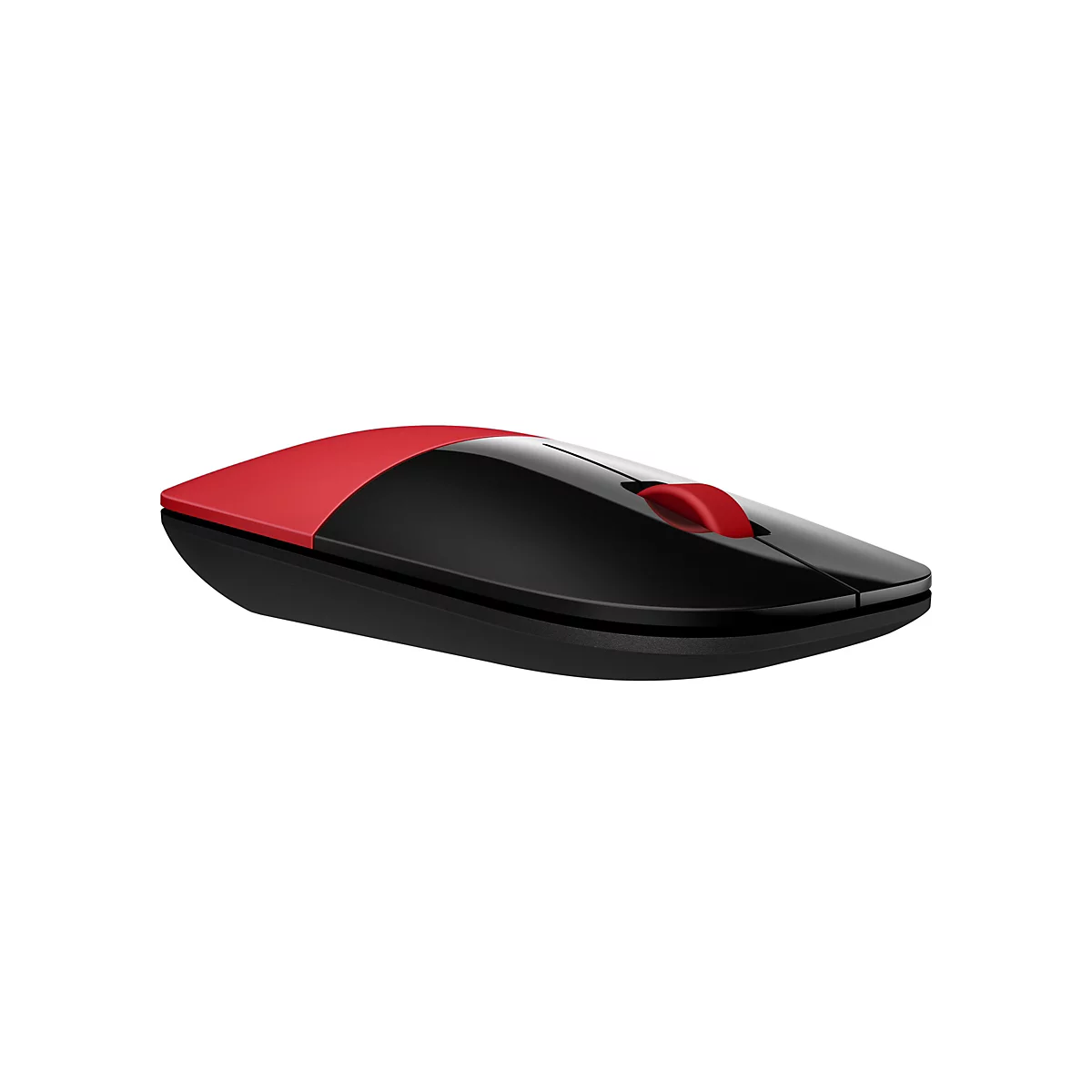 Drahtlose Computermaus, rot-schwarz. Die obere Hälfte rot, die untere schwarz, Scrollrad rot.