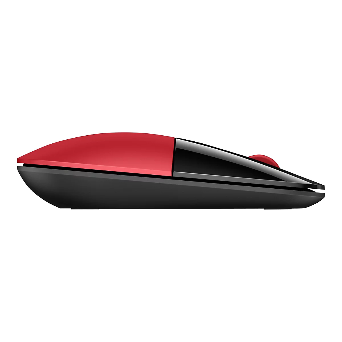 Seitenansicht einer Computermaus. Rot-schwarzes Design, ohne Kabel. Maustasten, Scrollrad und Gehäuse sichtbar.