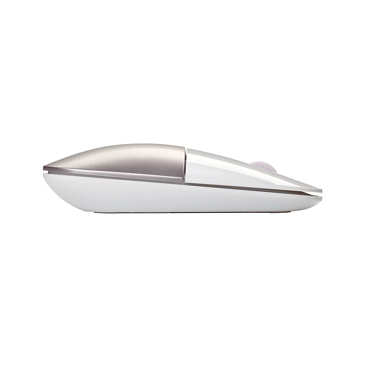 Seitliche Ansicht einer modernen, flachen Computermaus in glänzendem Weiß und Metallic-Silber.