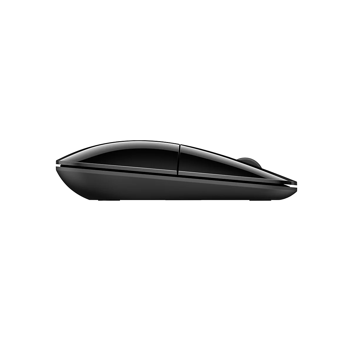 Schwarze Computermaus, seitlich abgebildet. Mit glänzender Oberfläche, Scrollrad und ergonomischer Form.