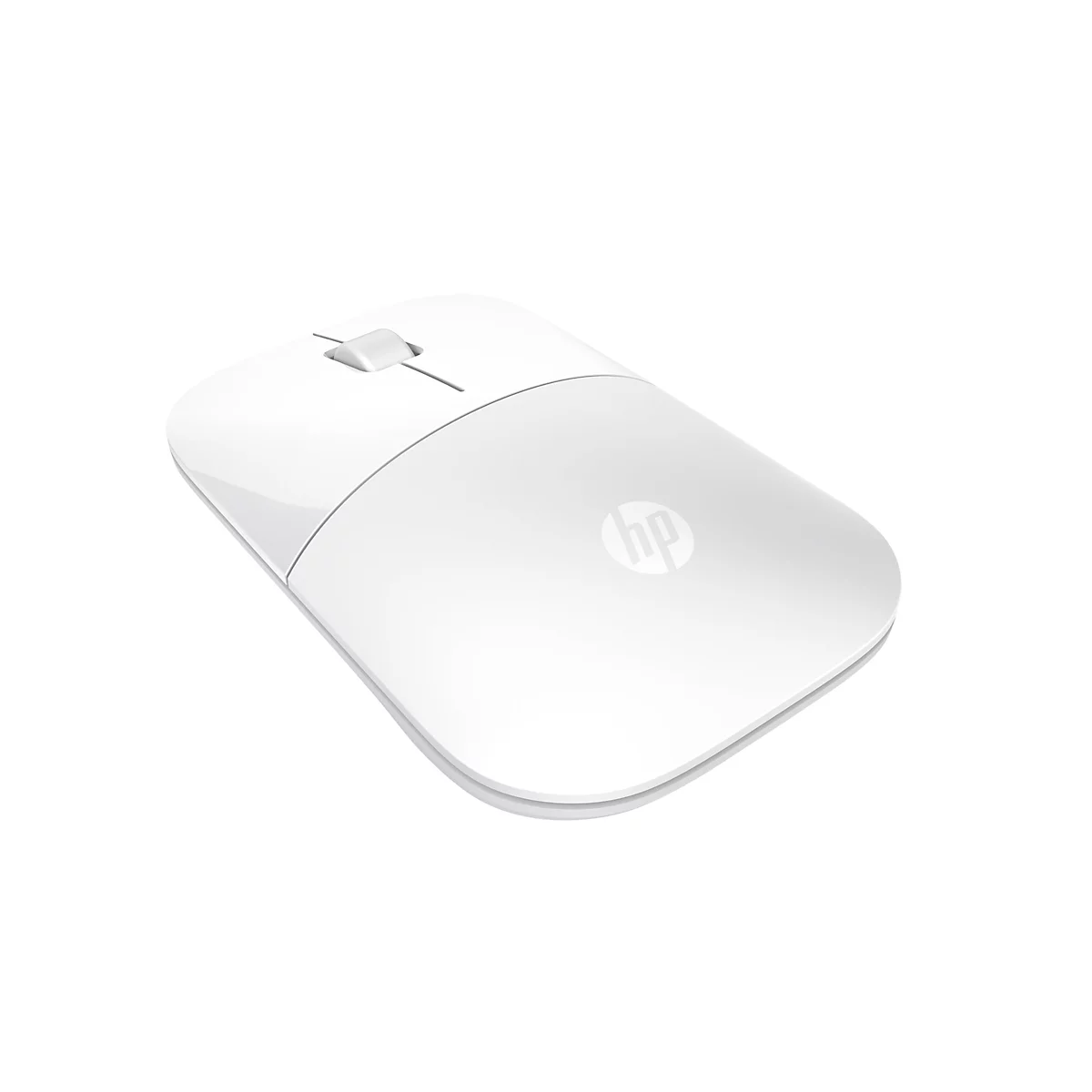Weisse Computermaus von HP. Oberseite mit Mausrad und HP Logo.
