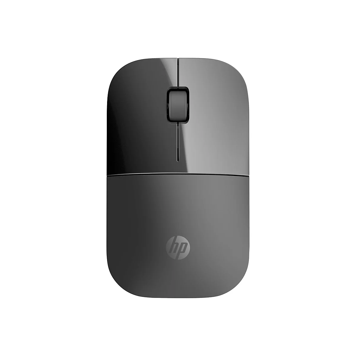 Drahtlose Computermaus in Grau auf weißem Hintergrund. Oberhalb der Mittellinie befinden sich die Maustasten, darunter das HP Logo.
