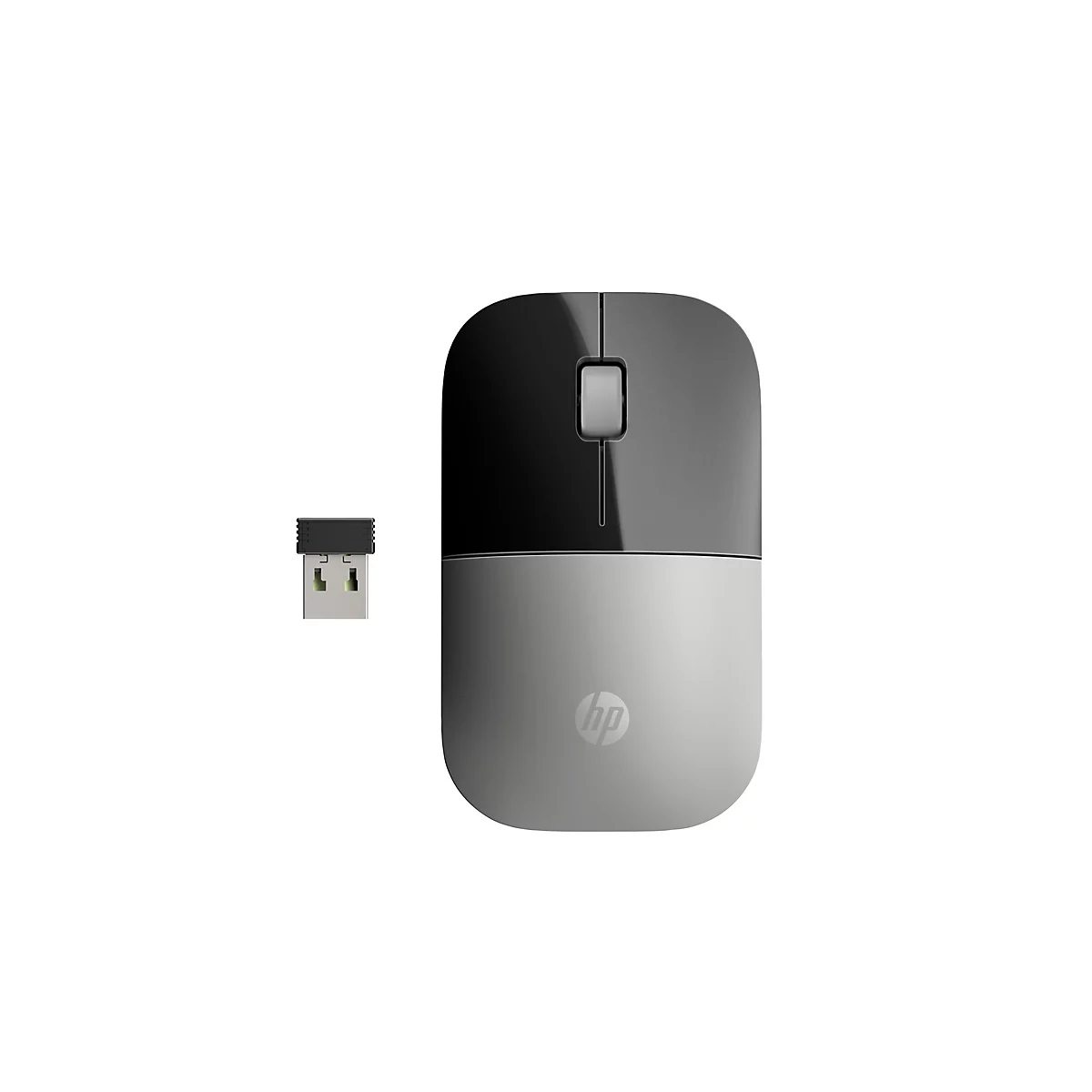 Eine kabellose HP-Maus in Grau und Schwarz mit dazugehörigem USB-Empfänger auf weißem Hintergrund.