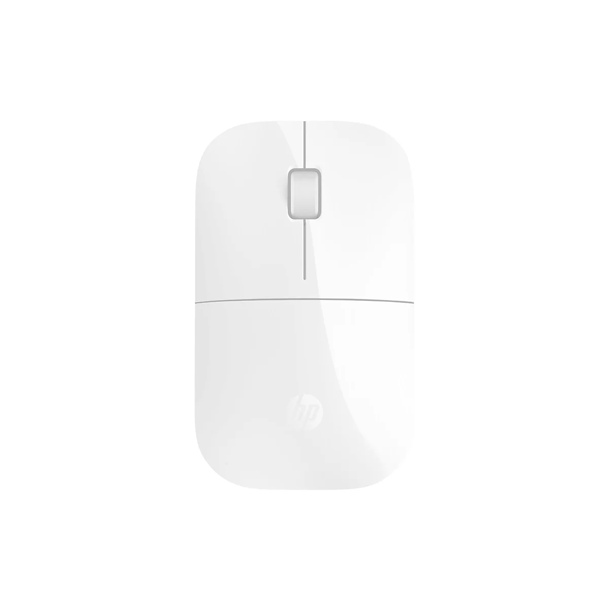 Weiße, kabellose HP-Maus von oben gesehen, mit Scrollrad und HP-Logo.
