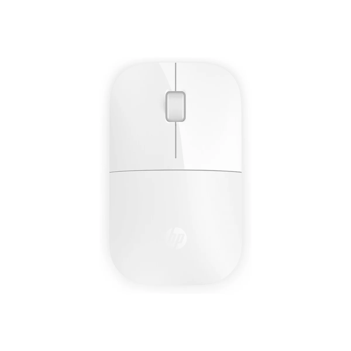 Draufsicht einer weißen Computermaus von HP. Die Maus hat ein minimalistisches Design mit zwei separaten Tasten und einem Scrollrad. Das HP-Logo befindet sich am unteren Rand.