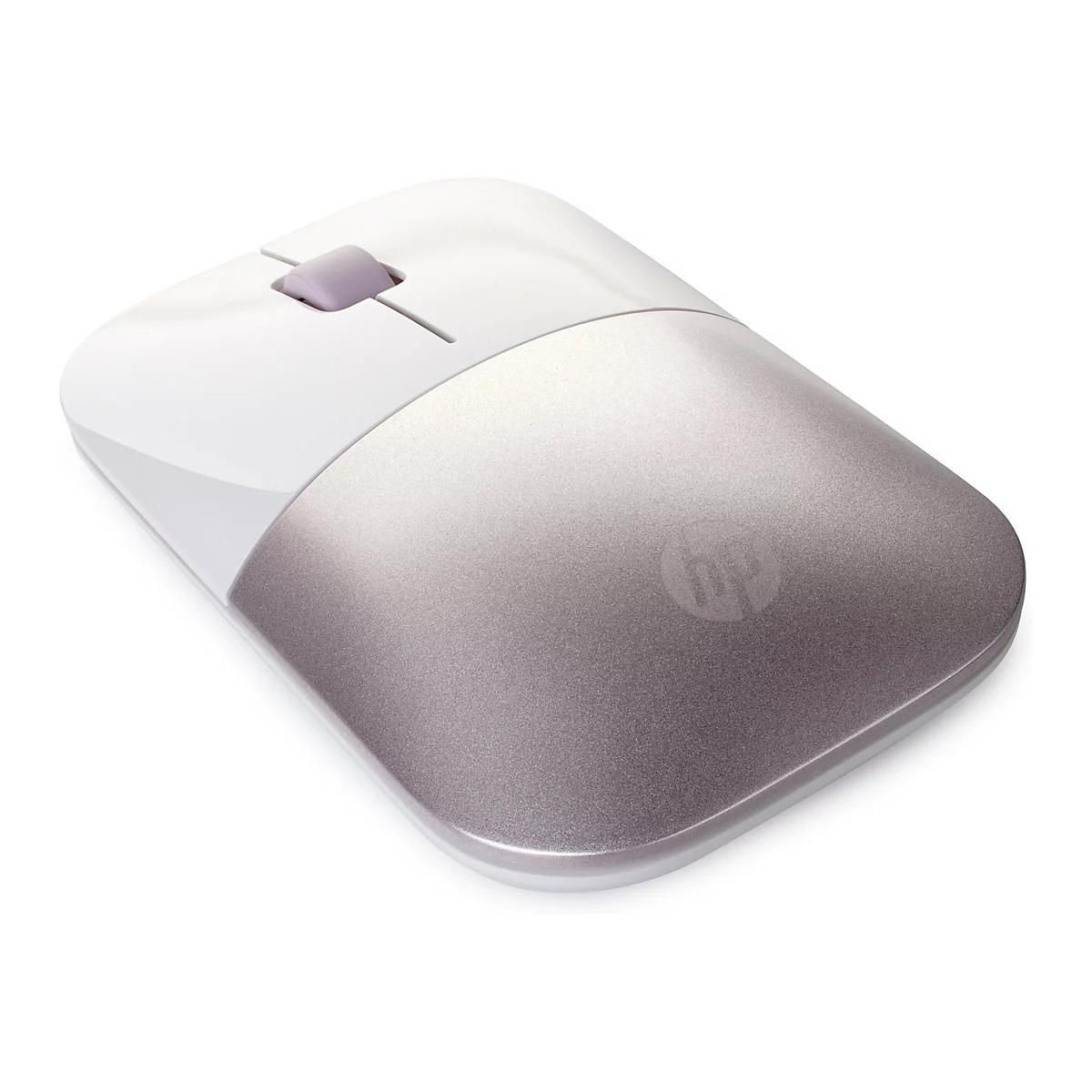 Weiße und silberne HP Computermaus in Draufsicht, auf weißem Hintergrund.