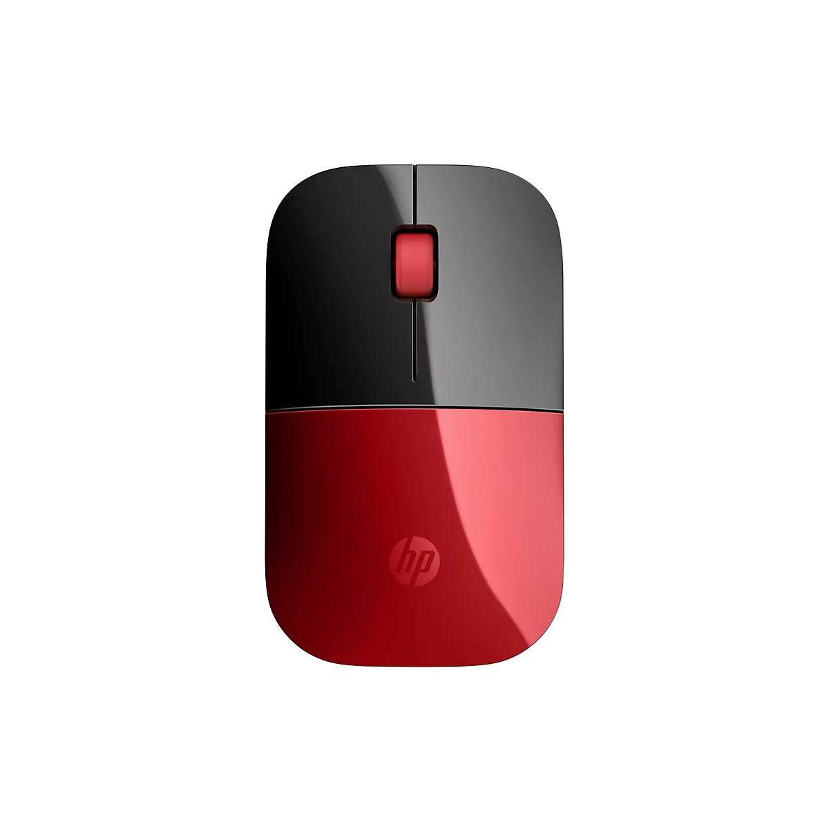 Drahtlose Maus, schwarz-rot, mit HP-Logo. Oben schwarz mit Scrollrad, unten rot.