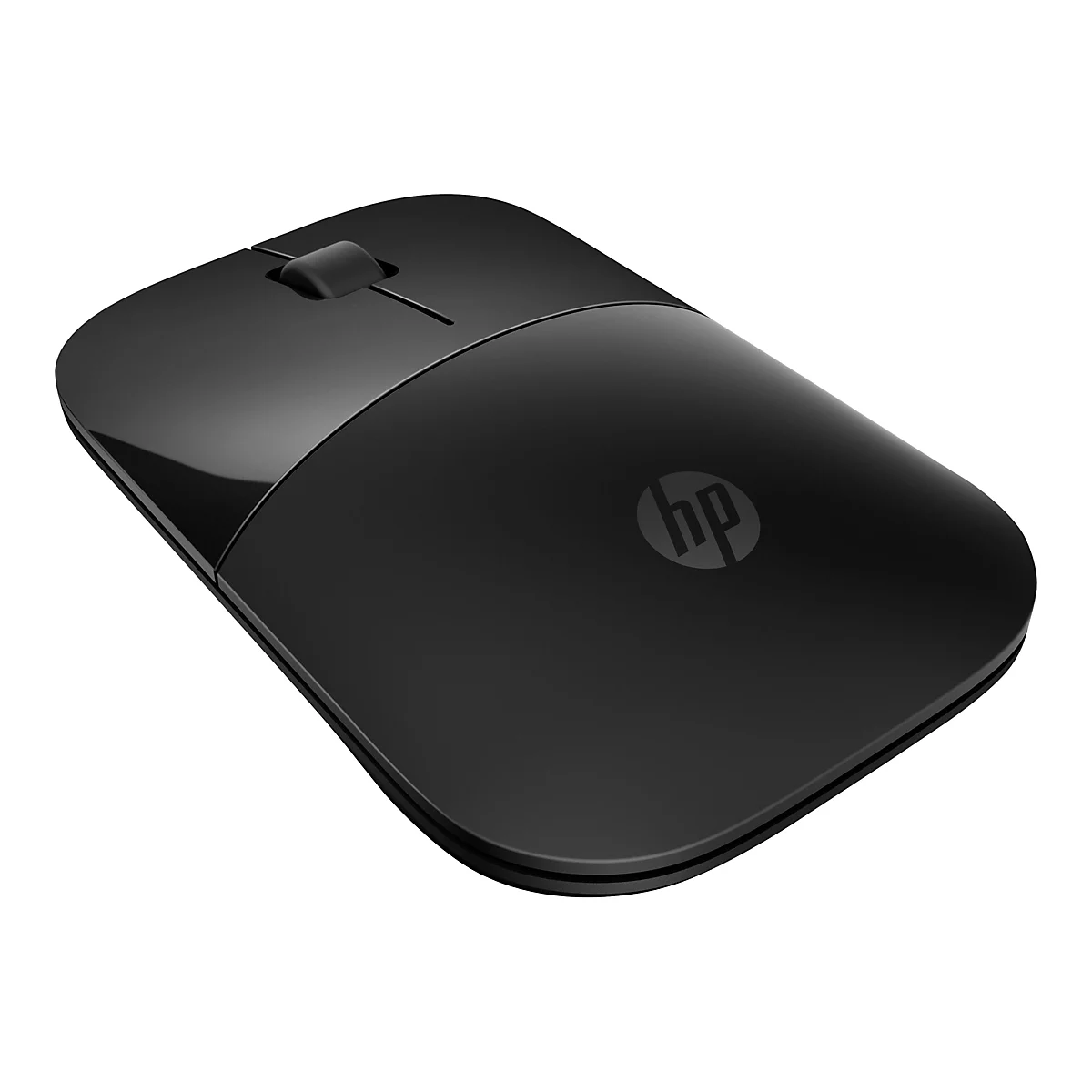 Schwarze, drahtlose HP-Maus mit Logo, das im Zentrum platziert ist. Die Maus hat ein flaches Design mit einem Scrollrad.