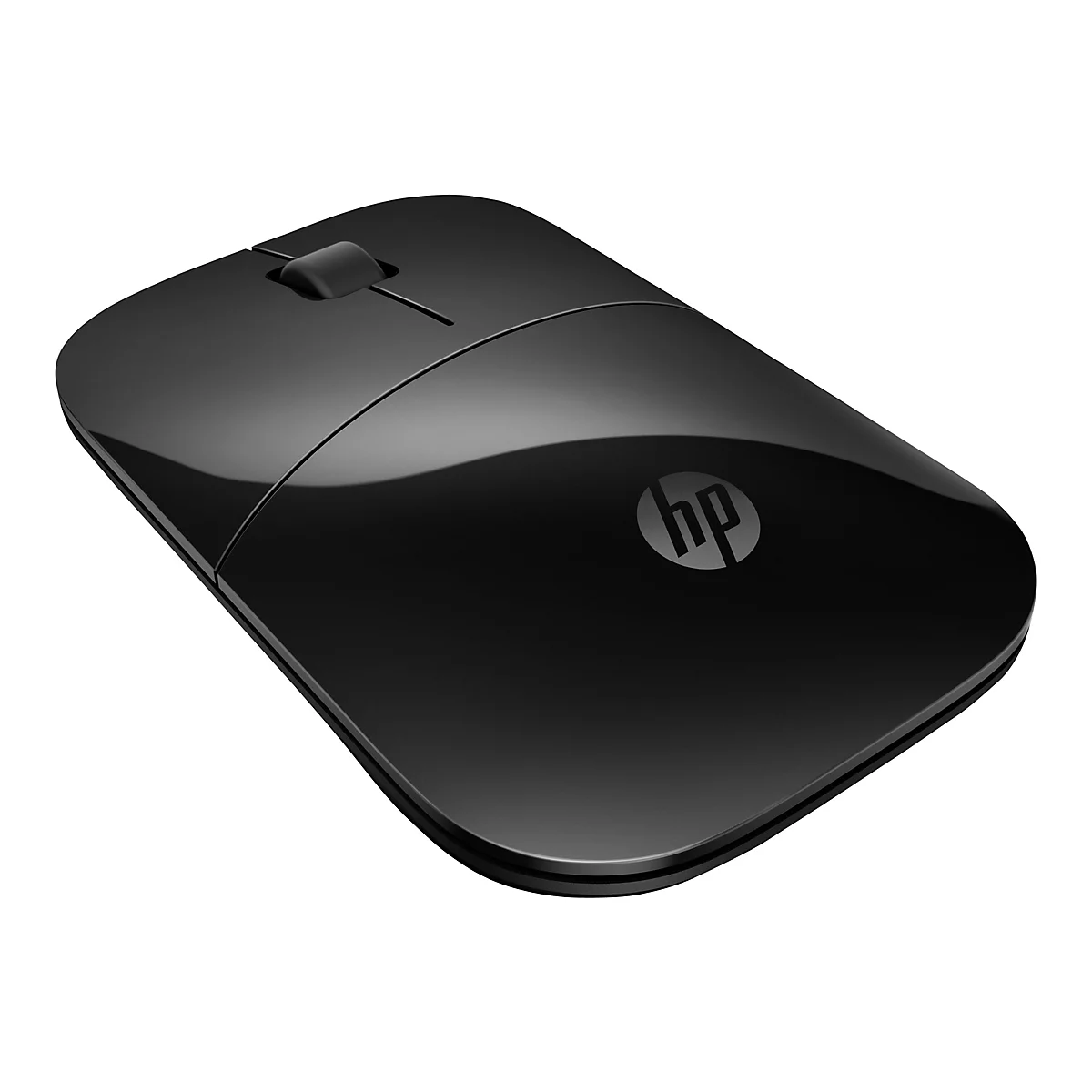 Schwarze HP-Maus mit Scrollrad und HP-Logo. Das Design ist flach und modern.