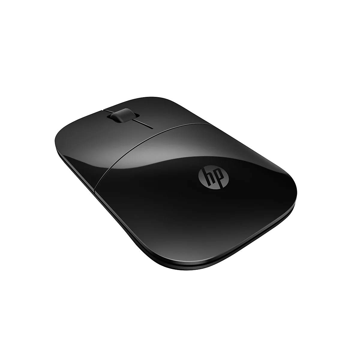 Schwarze HP Maus, glänzende Oberfläche, Scrollrad, HP Logo.