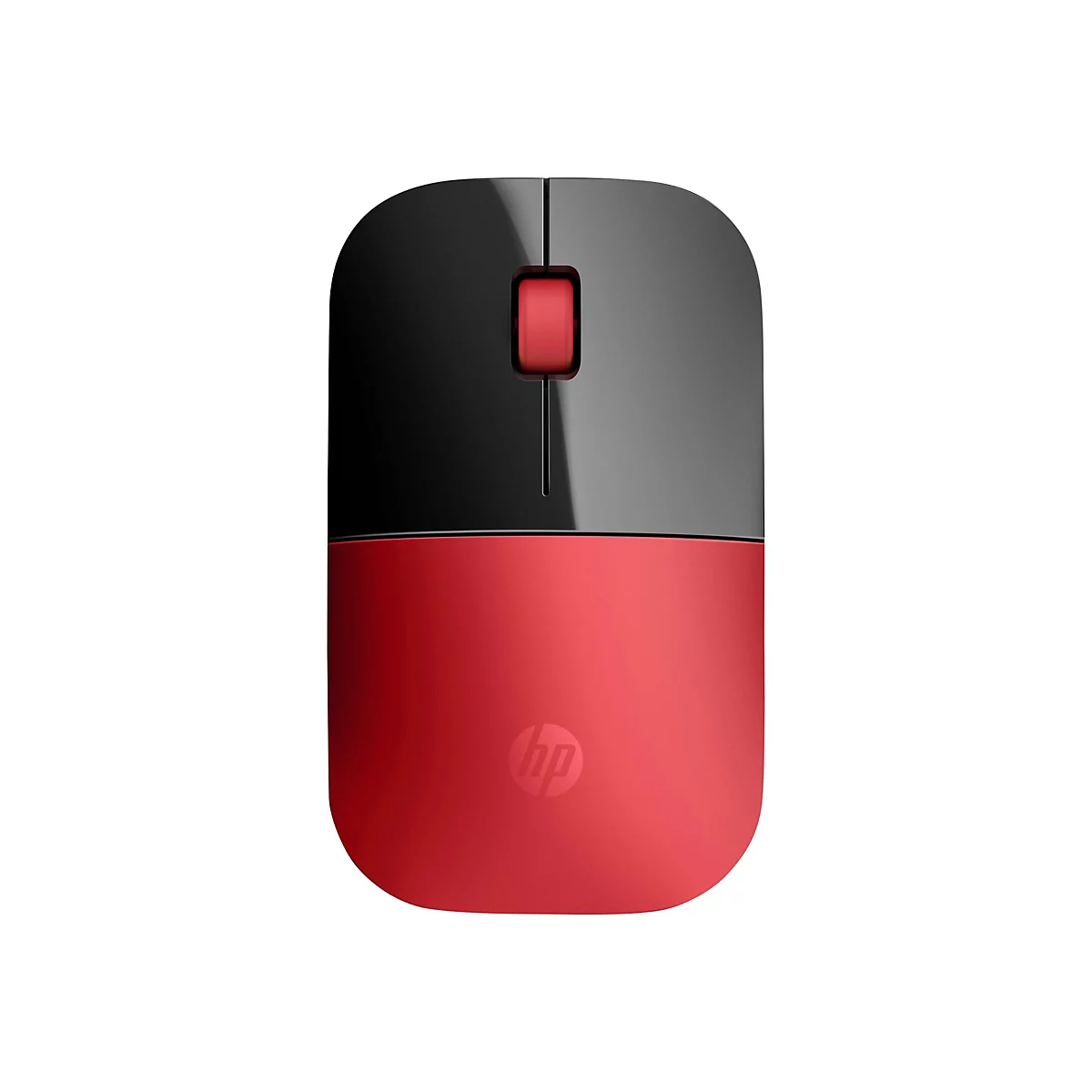 Drahtlose Computermaus. Oberteil schwarz, Unterteil rot mit HP Logo, mittig rotes Scrollrad.