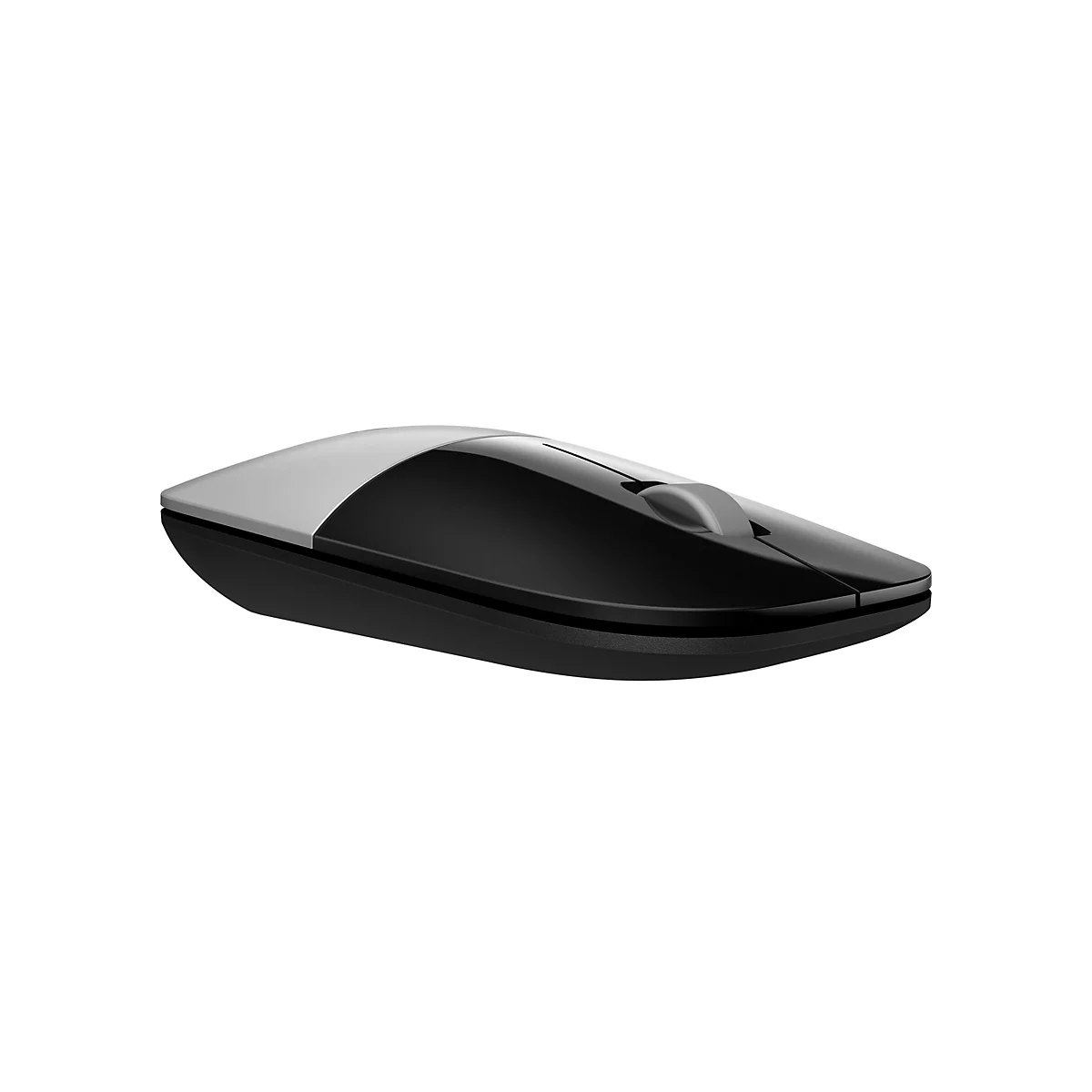 Flache, kabellose Computermaus in Schwarz und Silber mit einem mittigen Scrollrad vor weißem Hintergrund.