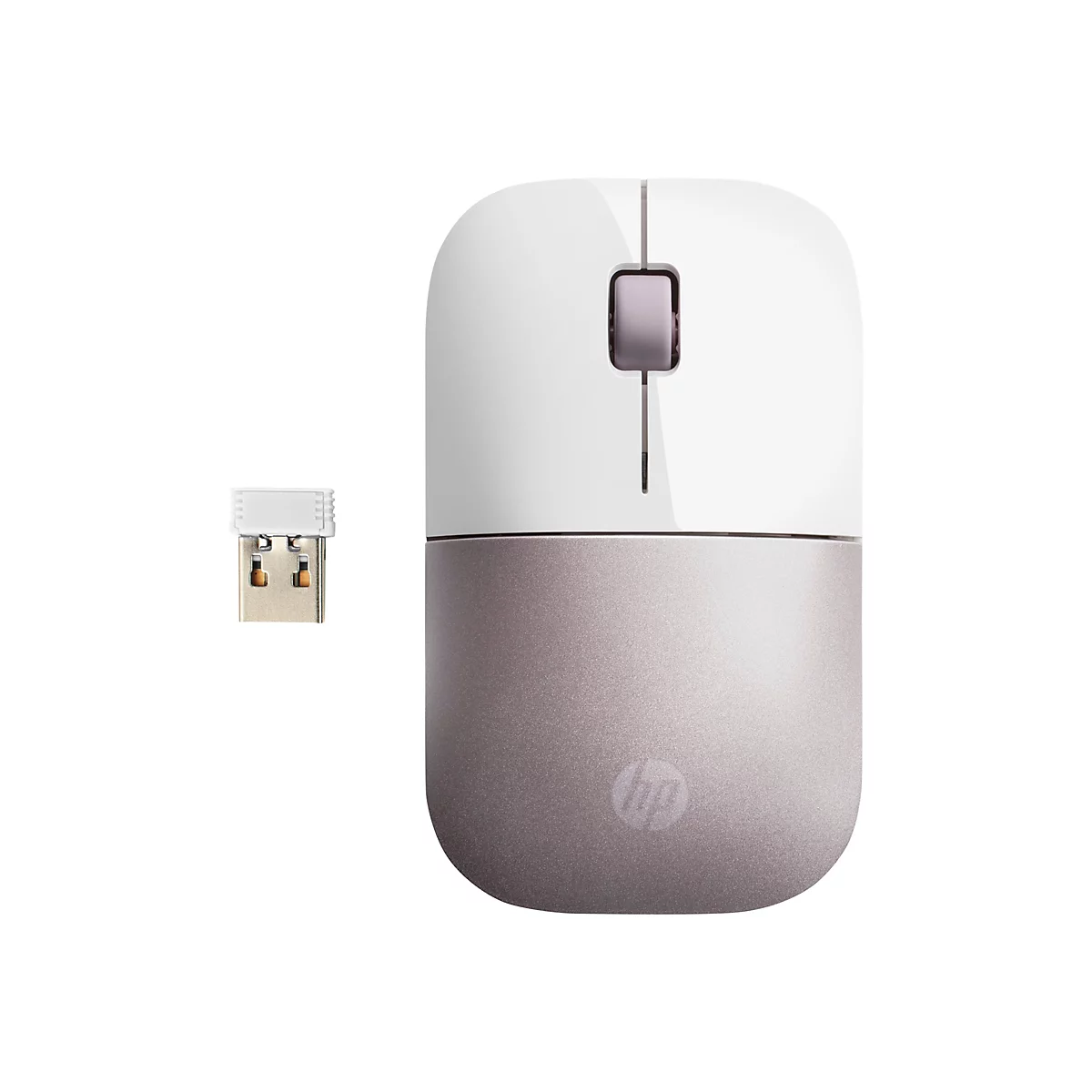 Weiße und silberne HP Funkmaus mit zugehörigem USB-Empfänger auf weißem Hintergrund.