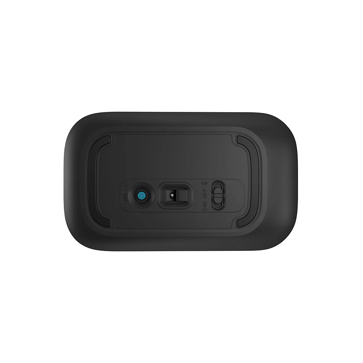 Unterseite einer schwarzen kabellosen Maus mit Connect-Taste, optischem Sensor und Schalter für 2.4G, Aus und Bluetooth.