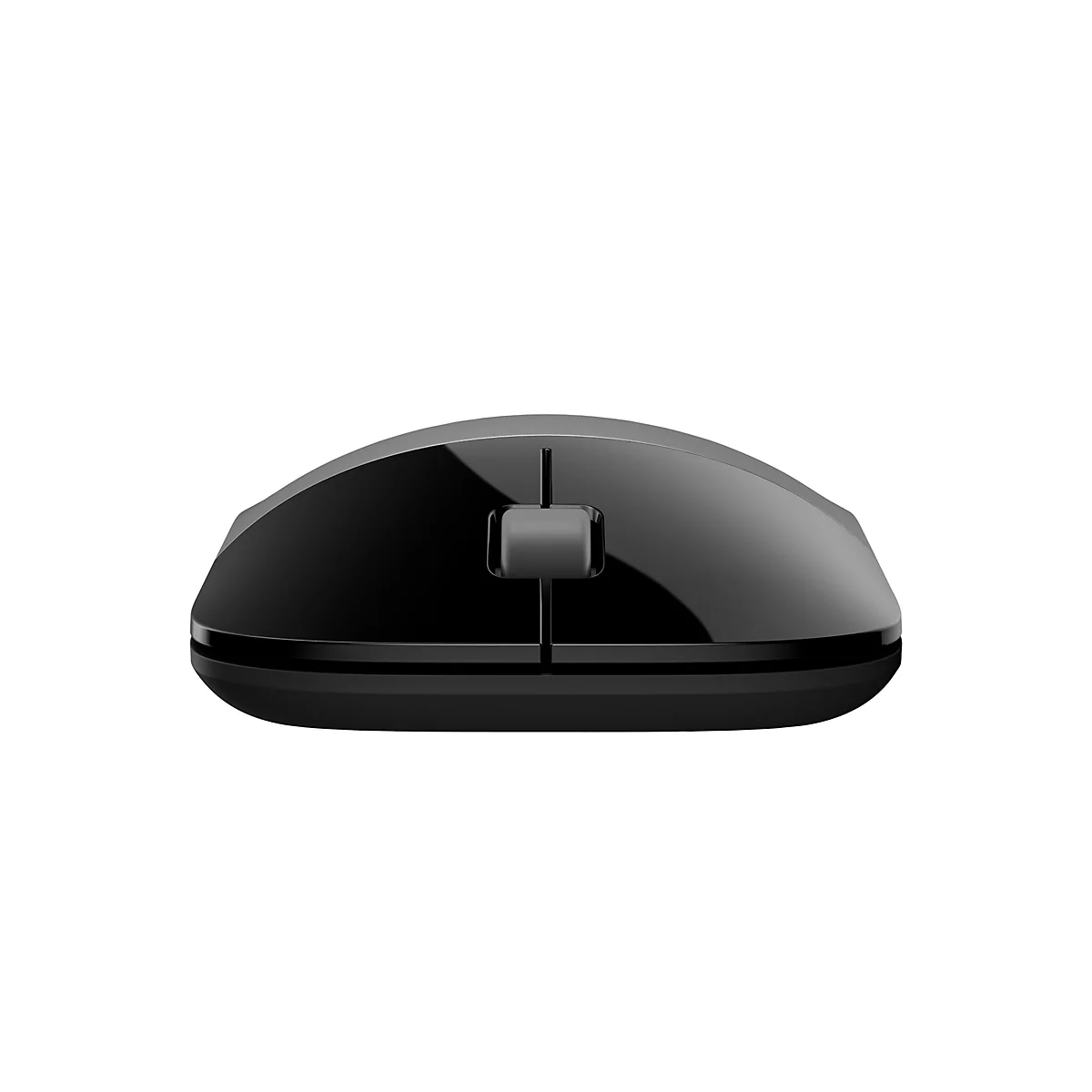 Schwarze, glänzende Computermaus in der Frontalansicht vor weißem Hintergrund.