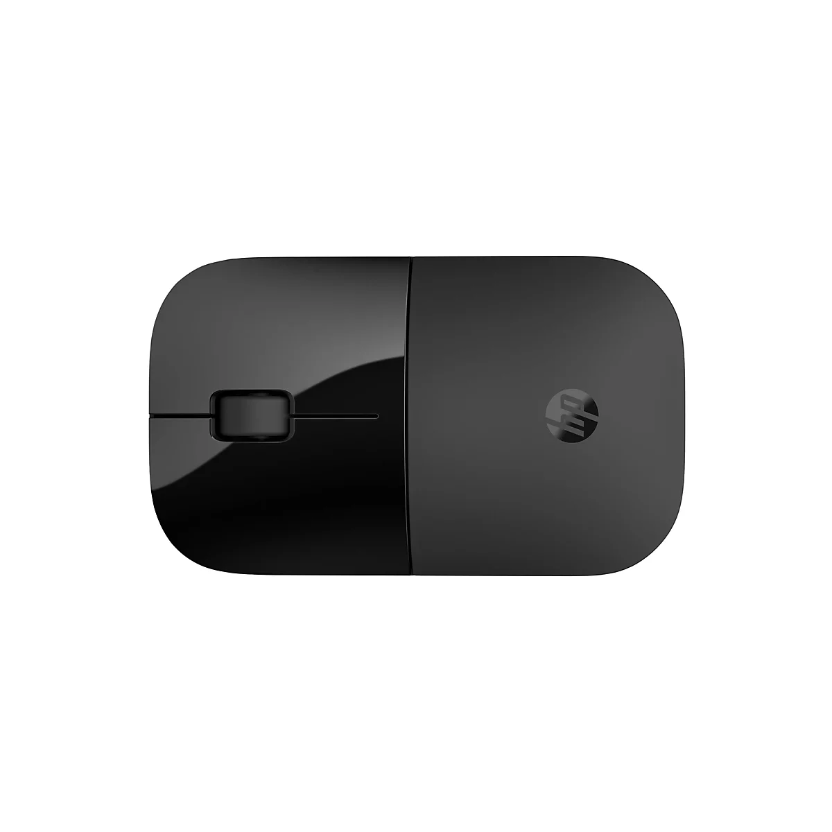 Draufsicht einer schwarzen, minimalistischen HP Computermaus mit glänzenden und matten Oberflächen.