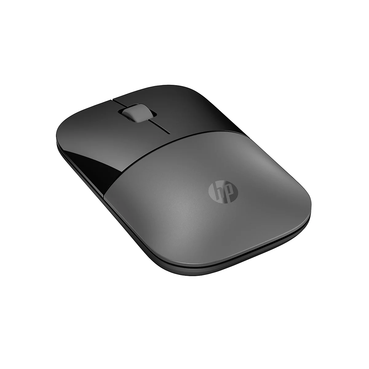 Schwarze kabellose HP-Maus auf weißem Hintergrund mit HP-Logo in der Mitte.