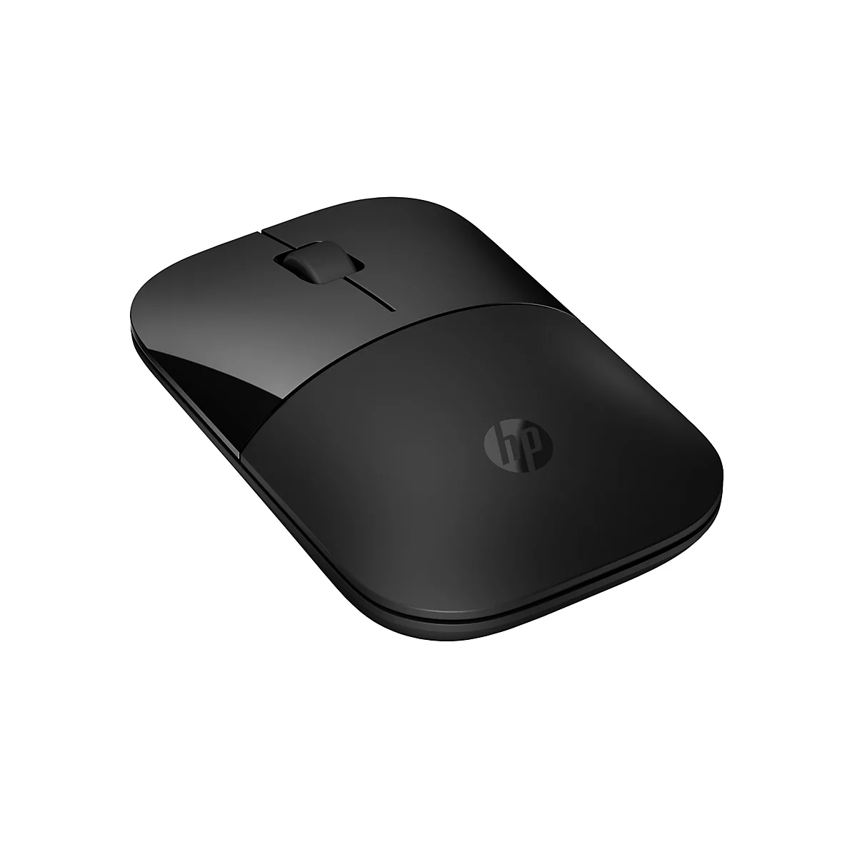 Eine schlichte, schwarze kabellose HP Maus vor weißem Hintergrund.