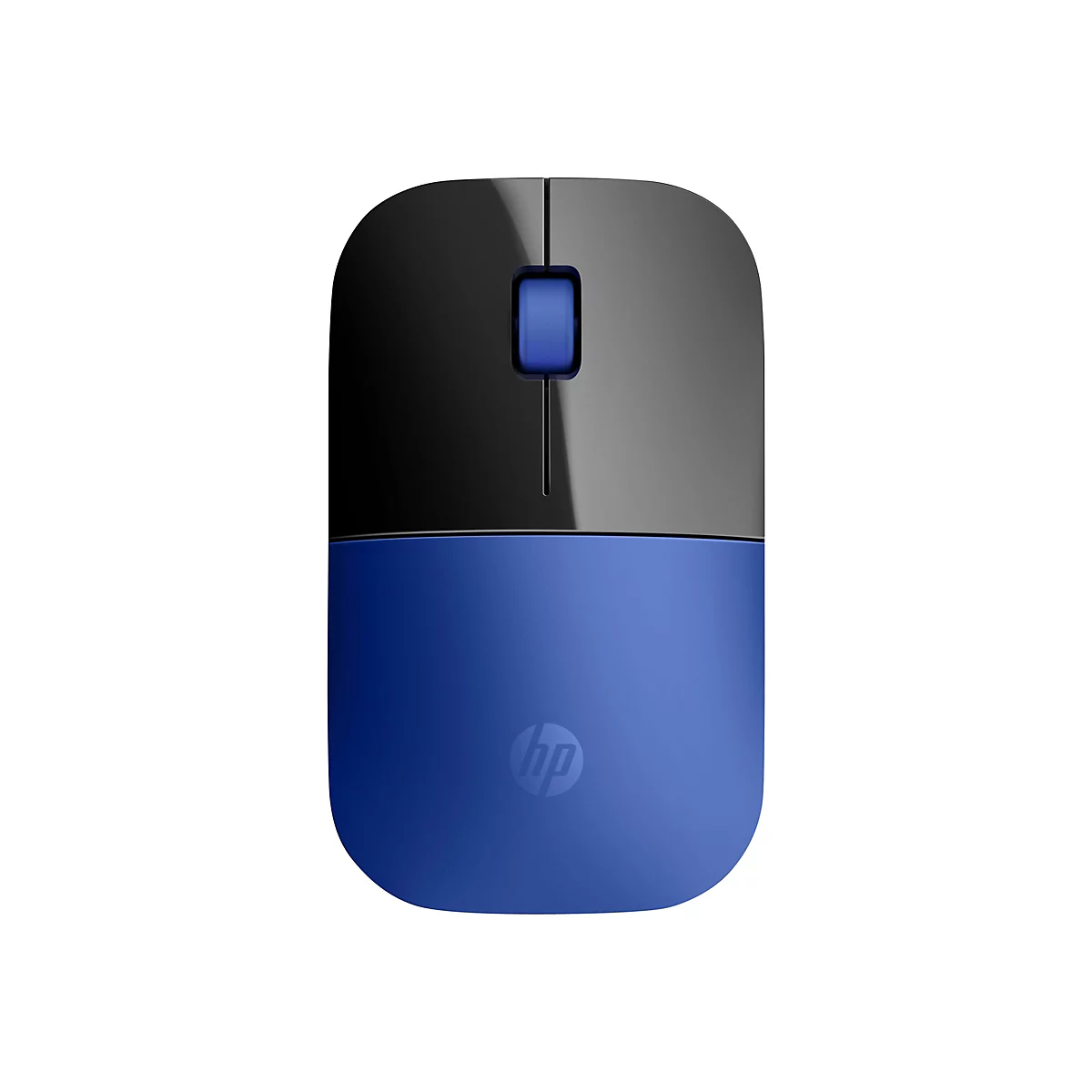 Drahtlose Maus, schwarz-grau mit blauer Unterseite, HP-Logo.