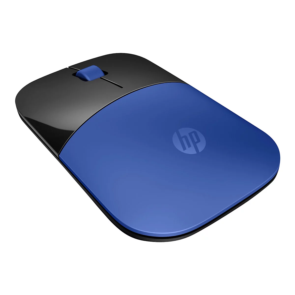 Blaue und schwarze kabellose HP Maus. Rollrad und Logo deutlich sichtbar.