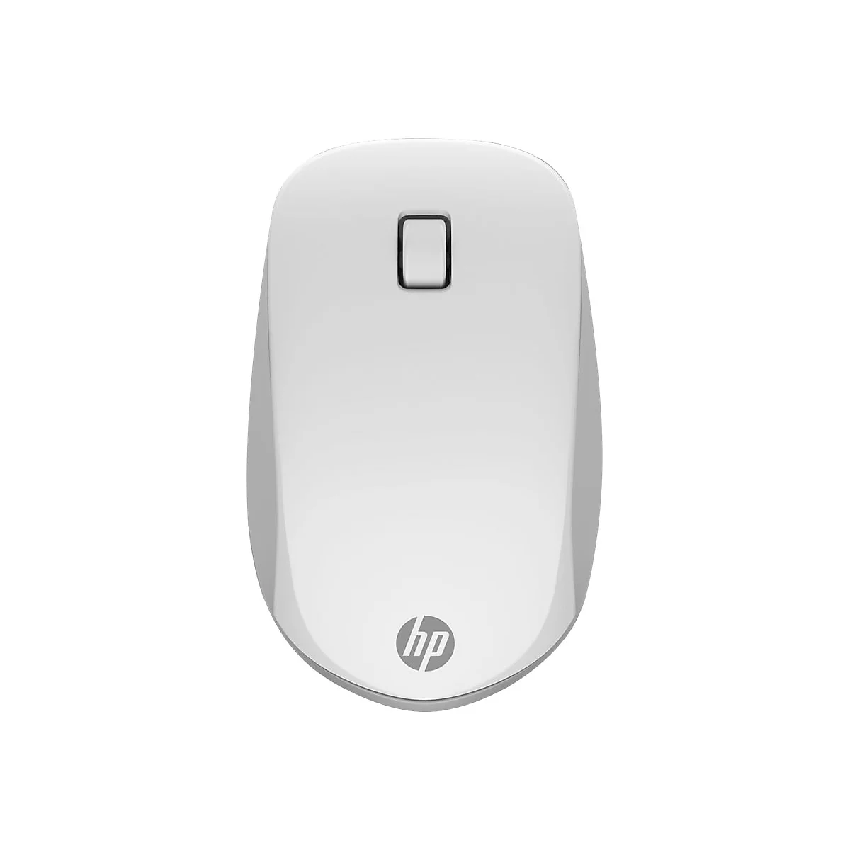 Drahtlose, weisse HP Maus mit Rollrad und HP-Logo.