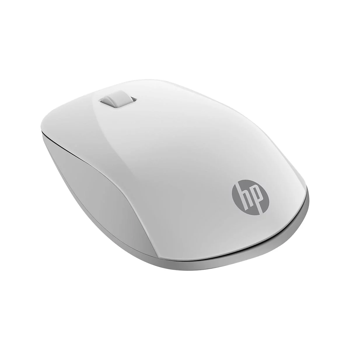 Weiße kabellose Maus von HP, graues Scrollrad und HP-Logo.