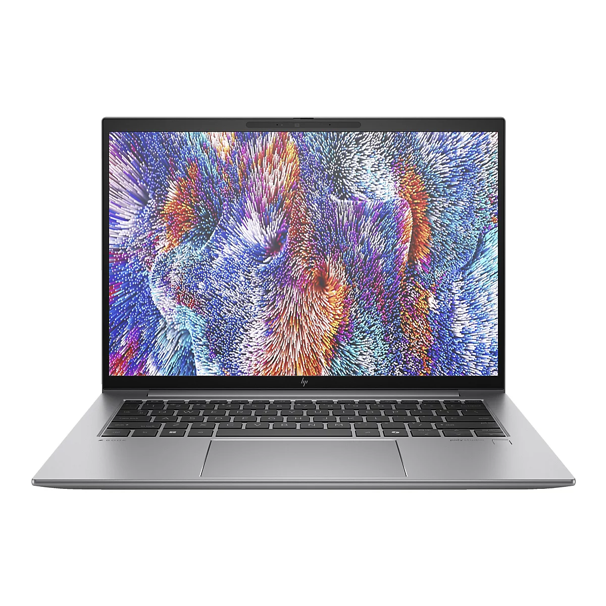 Ein silberner Laptop mit geöffnetem Display, das ein abstraktes, farbenfrohes Muster zeigt. Die Tastatur ist schwarz.