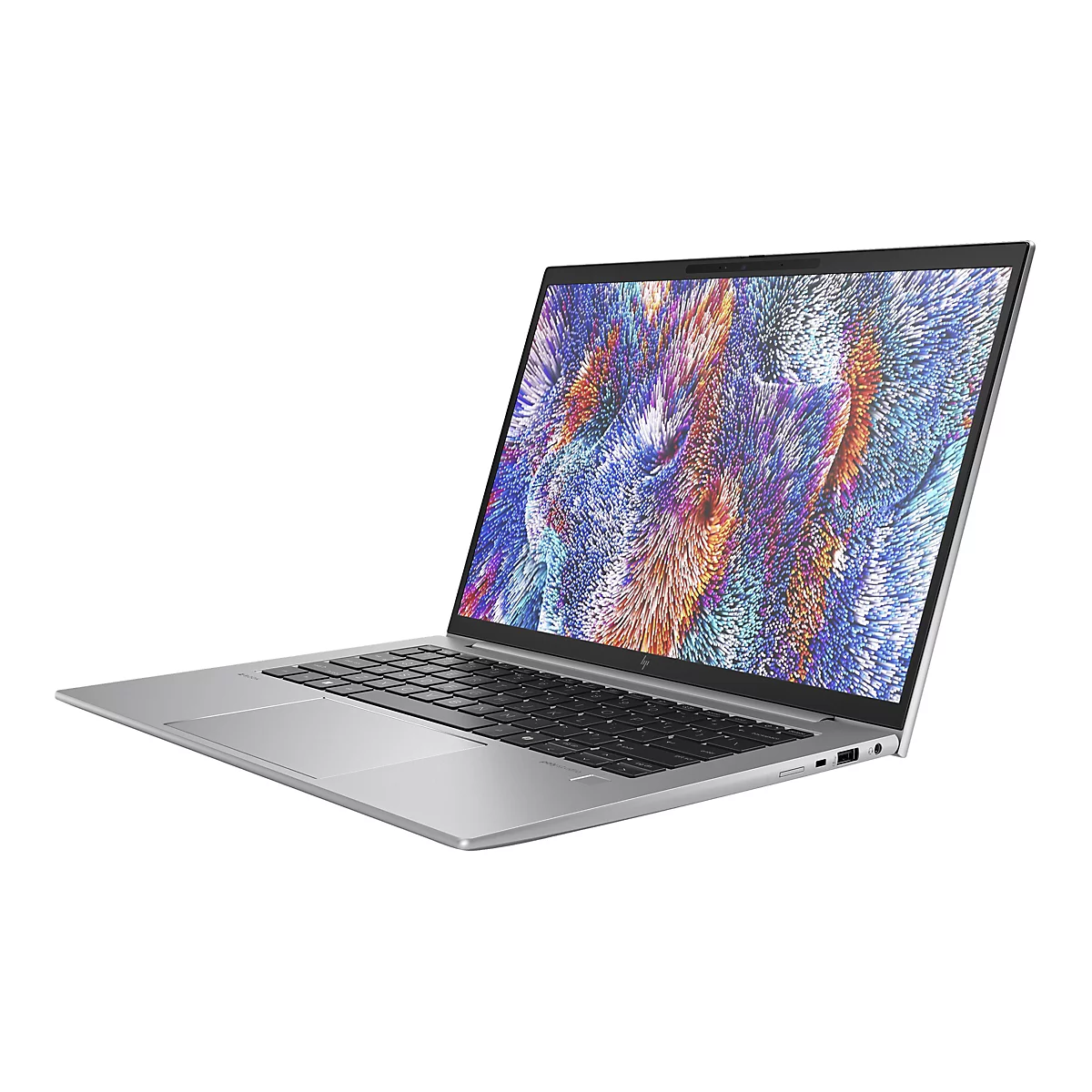 Graues Laptop mit geöffnetem Bildschirm, zeigt ein farbenfrohes, abstraktes Muster. Das Tastaturfeld ist schwarz, der Hintergrund weiß.