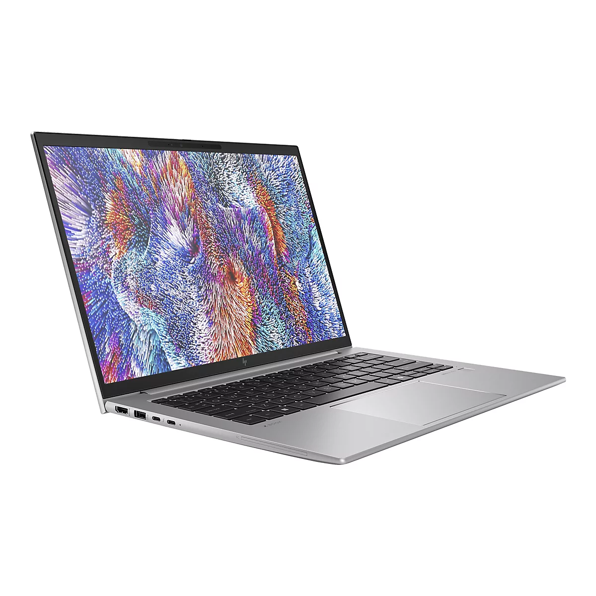 Graues Laptop mit geöffnetem Deckel. Der Bildschirm zeigt ein farbenfrohes, abstraktes Muster. Vor weißem Hintergrund.