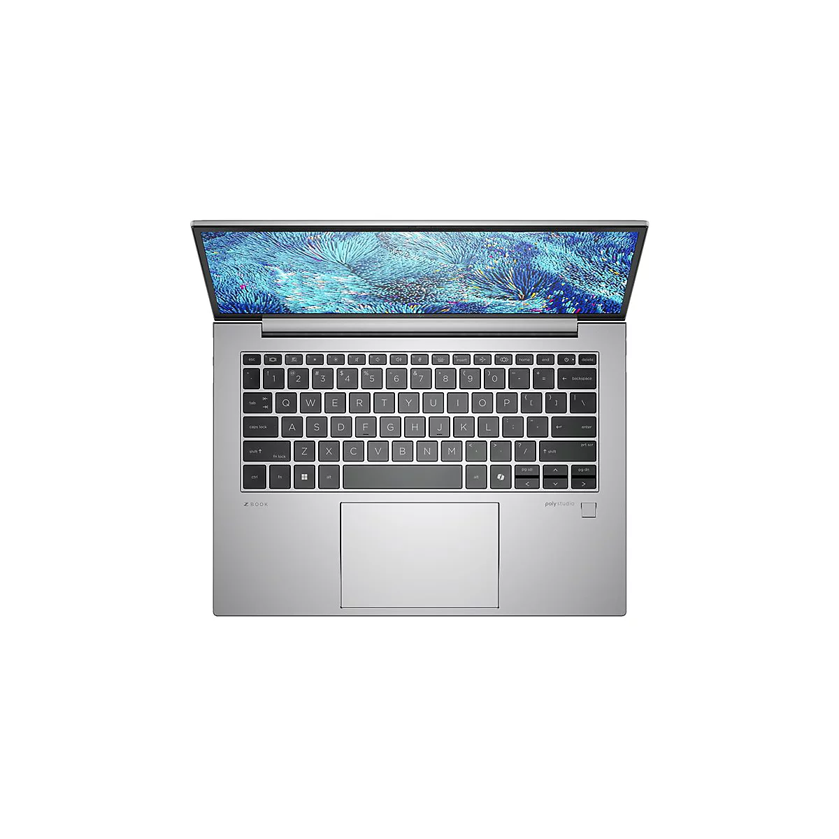 Draufsicht auf ein silbernes Laptop. Die Tastatur ist deutlich zu sehen, der Bildschirm zeigt ein abstraktes Muster.