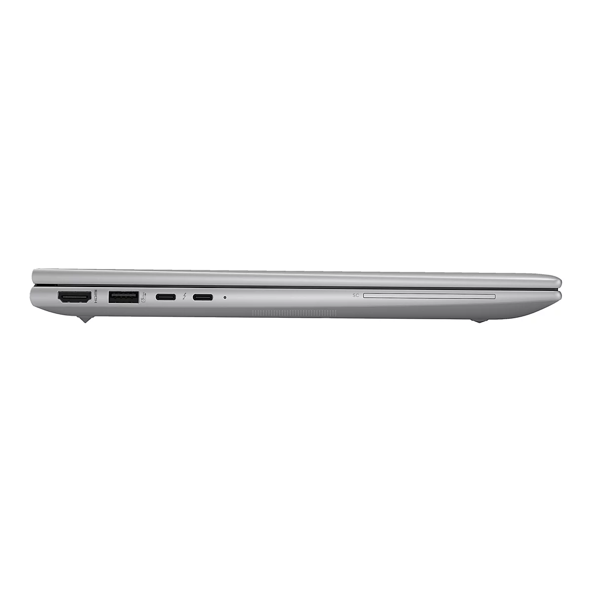 Seitenansicht eines silbernen Laptops auf weißem Hintergrund. HDMI, USB und weitere Anschlüsse sind zu sehen.