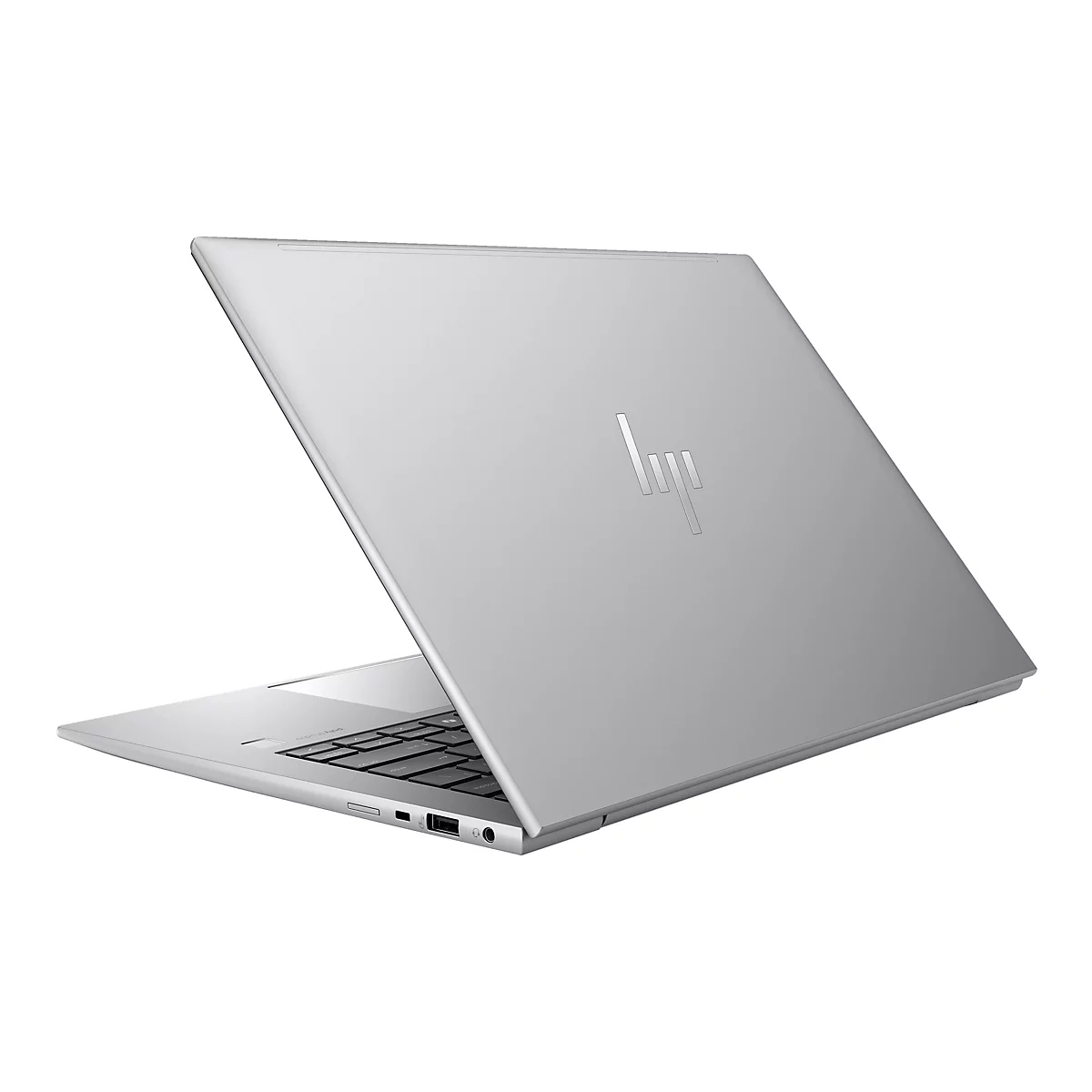 Silberner Laptop mit teilweise geöffnetem Deckel, HP Logo. Schwarze Tastatur, Anschlüsse.