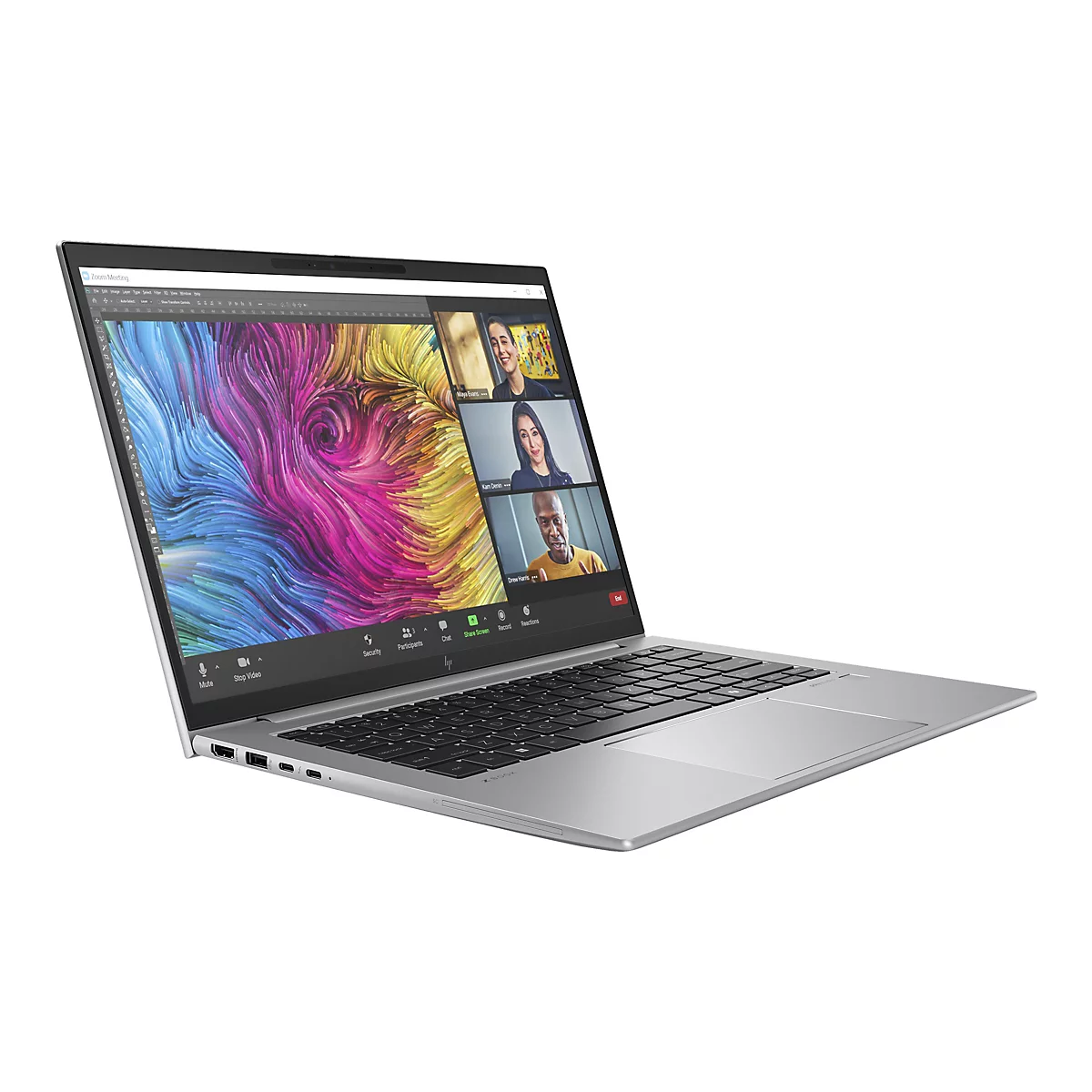 Silberner Laptop mit Videokonferenz, auf dem Display sind mehrere Personen zu sehen. Auf dem Bildschirm ist ein farbenfrohes Muster.