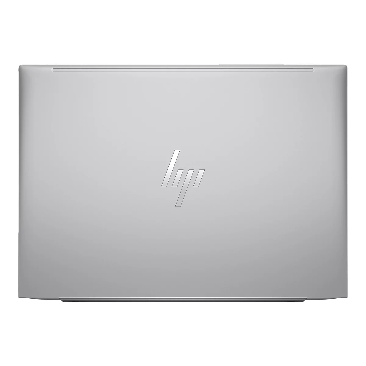Draufsicht auf einen silbernen Laptop, HP-Logo in der Mitte.