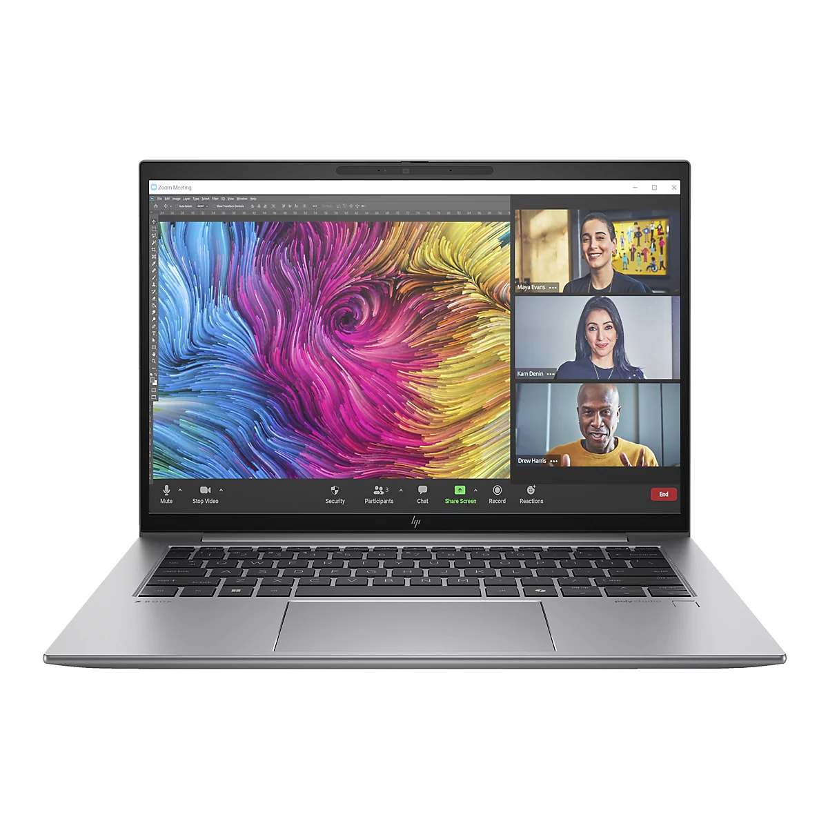 Ein silberner Laptop mit geöffnetem Deckel. Auf dem Bildschirm ist eine Zoom-Meeting-Oberfläche zu sehen, die vier Personen zeigt, die an einem Videoanruf teilnehmen. Der Hintergrund zeigt ein farbenfrohes abstraktes Muster.