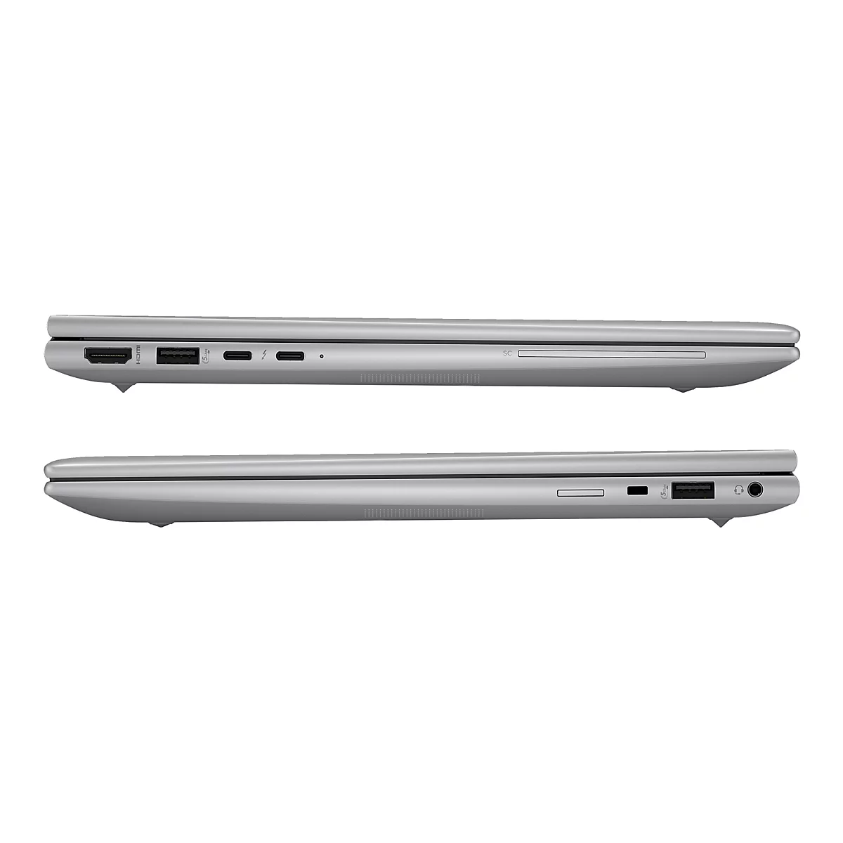 Ansicht eines silbernen Laptops von der Seite. Obere und untere Ansicht zeigen die Anschlüsse.