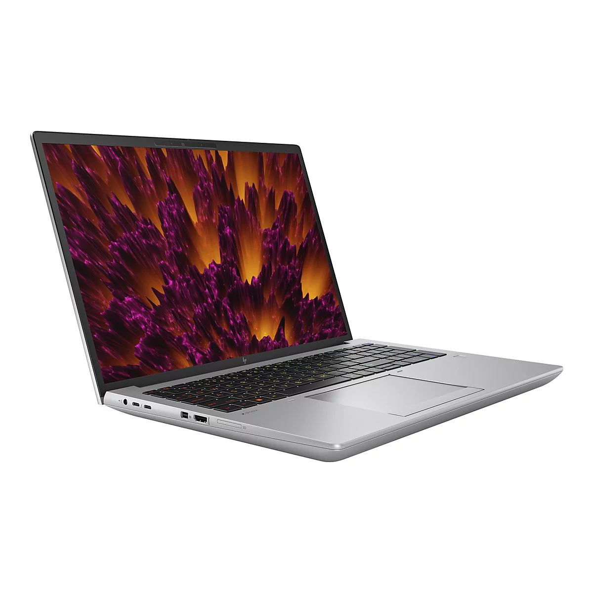 Grauer Laptop, Bildschirm mit lila und orangefarbenen Mustern. Er steht schrÃ¤g auf weiÃŸem Hintergrund.