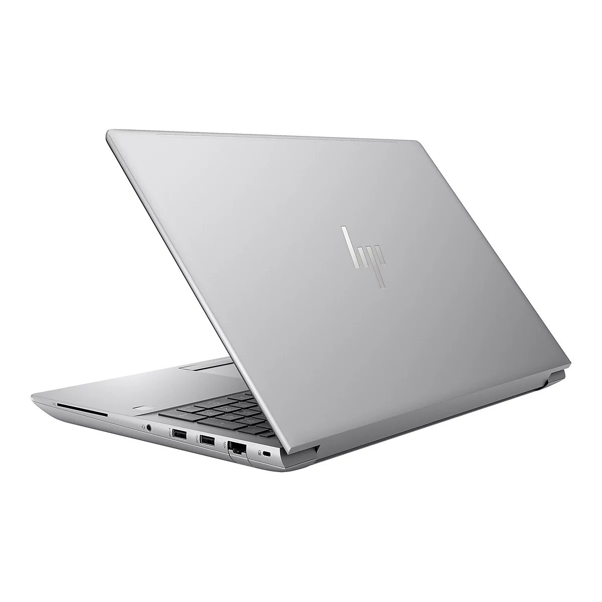 Silberner Laptop mit HP-Logo, teilweise geÃ¶ffnet. Tastatur sichtbar, auf weiÃŸem Hintergrund.