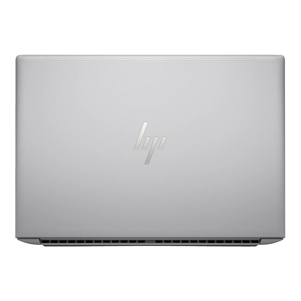 Ansicht von oben eines silbernen Laptops. Das HP-Logo ist mittig platziert.
