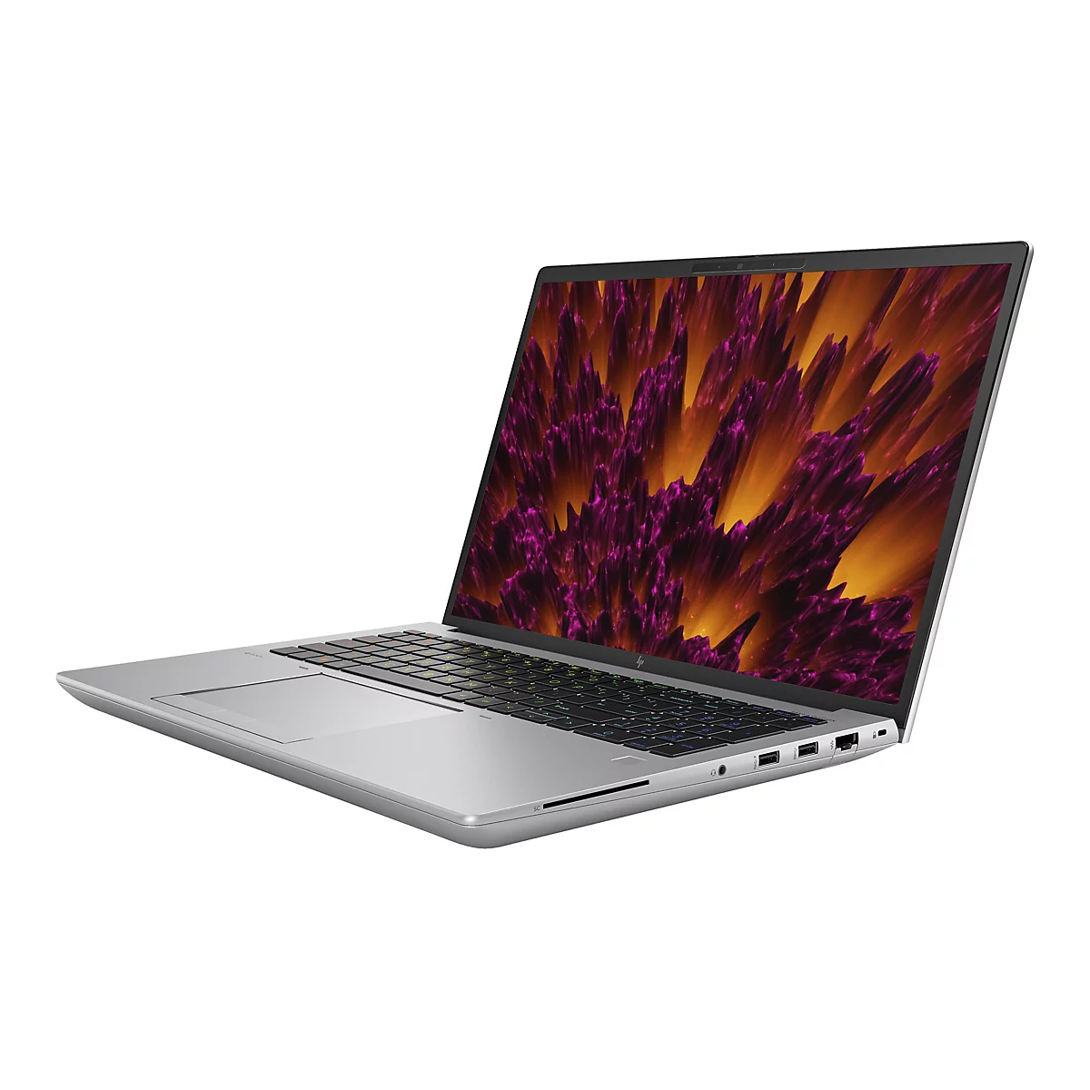 Ein silberner Laptop ist leicht geÃ¶ffnet. Auf dem Bildschirm ist ein abstraktes, farbenfrohes Muster zu sehen. Tastatur, Touchpad und AnschlÃ¼sse sind sichtbar.