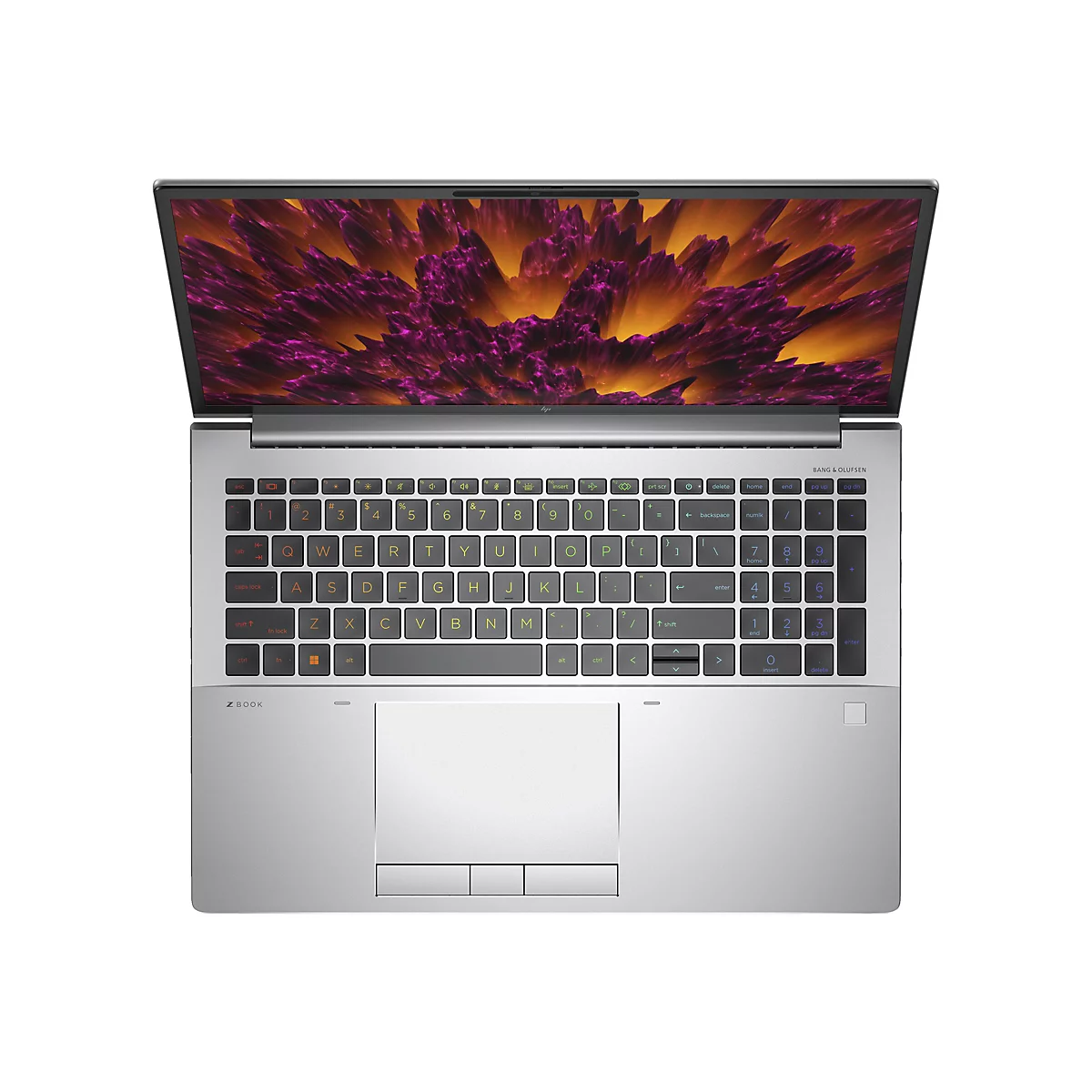Draufsicht auf einen Laptop mit geÃ¶ffnetem Display. Der Bildschirm zeigt ein abstraktes Muster in Gelb und Lila. Die Tastatur und das GehÃ¤use sind silberfarben.