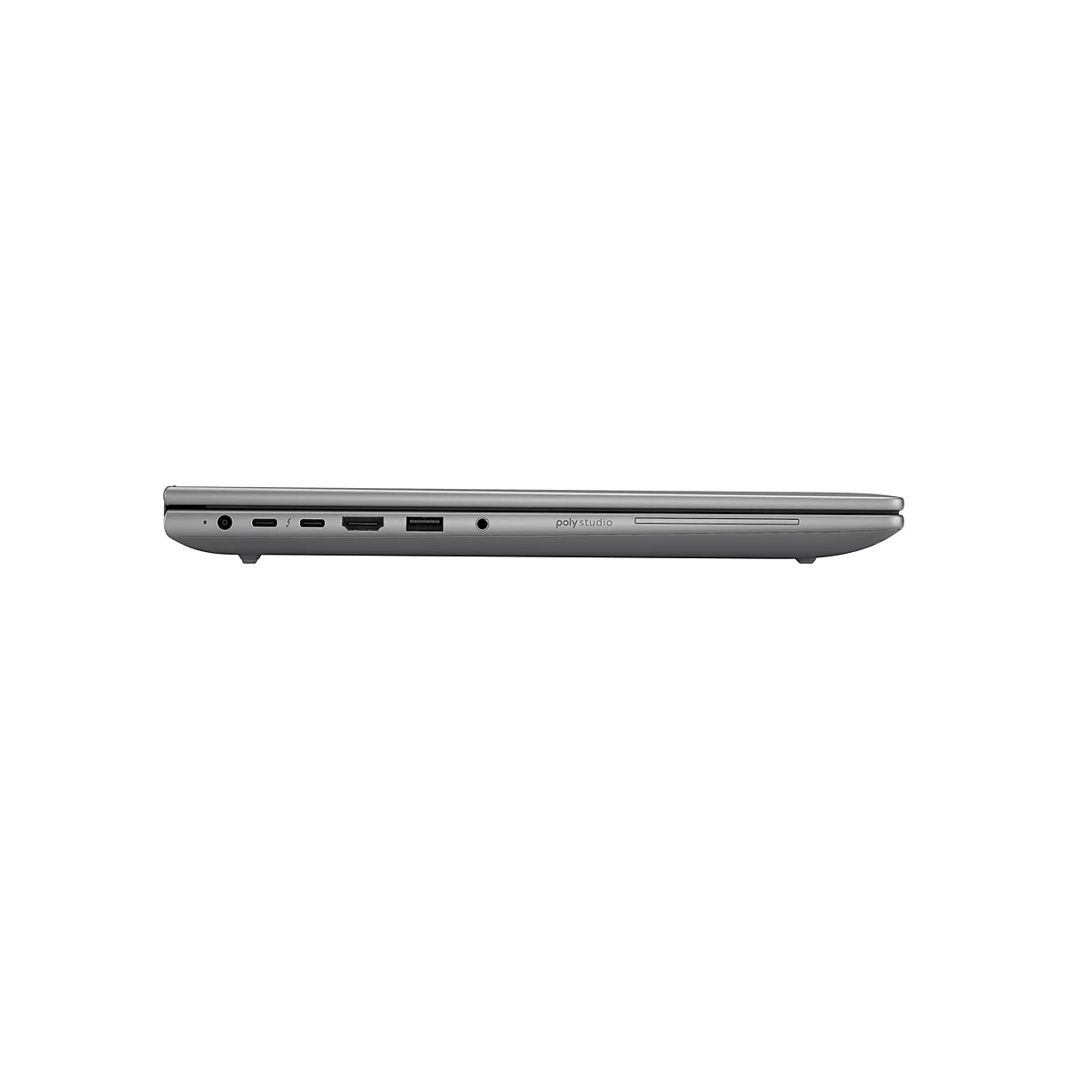 Grauer Laptop im Profil, Anschlüsse sichtbar. Marke: poly studio.