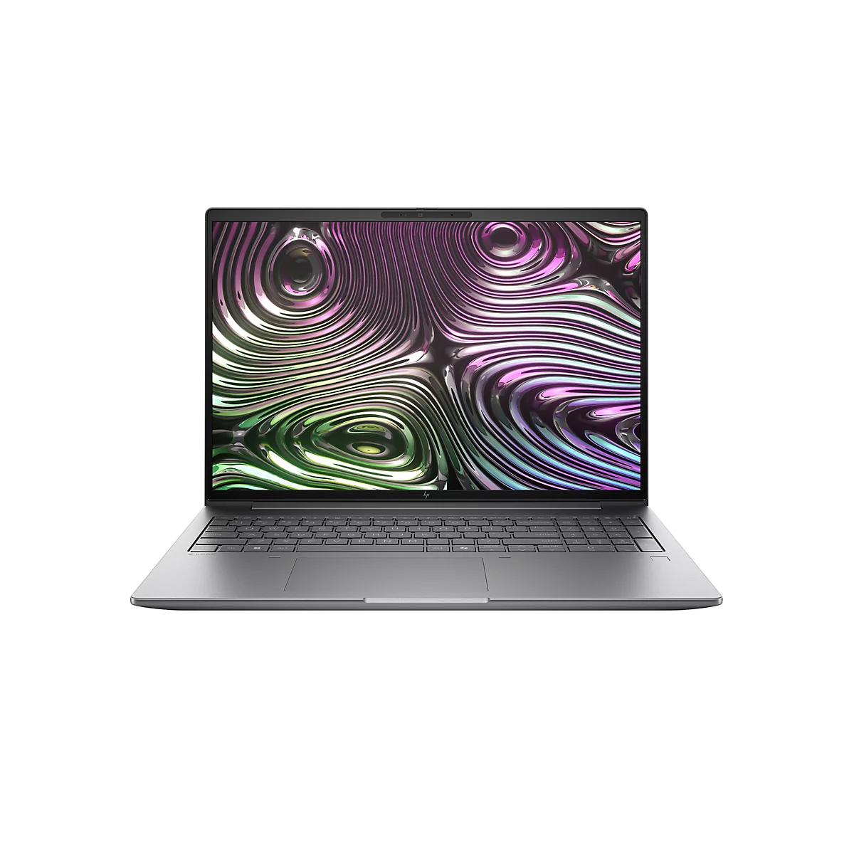 Grauer Laptop, geöffnet. Auf dem Display ist ein abstraktes Muster aus wellenförmigen Linien zu sehen. Tastatur und Gehäuse sind ebenfalls grau.