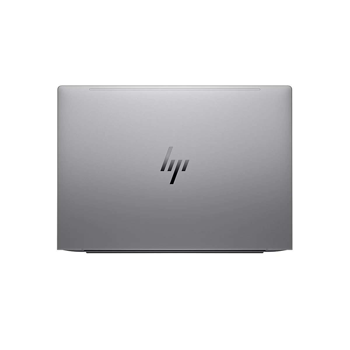 Ein silberfarbener Laptopdeckel mit dem HP-Logo, vor weißem Hintergrund.