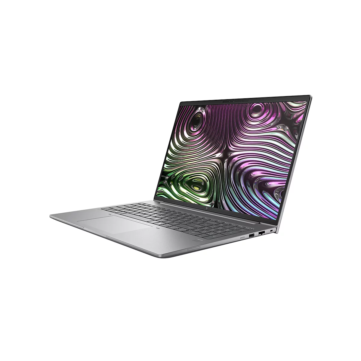 Ein silberfarbener Laptop ist leicht angewinkelt auf weißem Hintergrund. Auf dem Bildschirm ist ein abstraktes, farbenfrohes Muster.